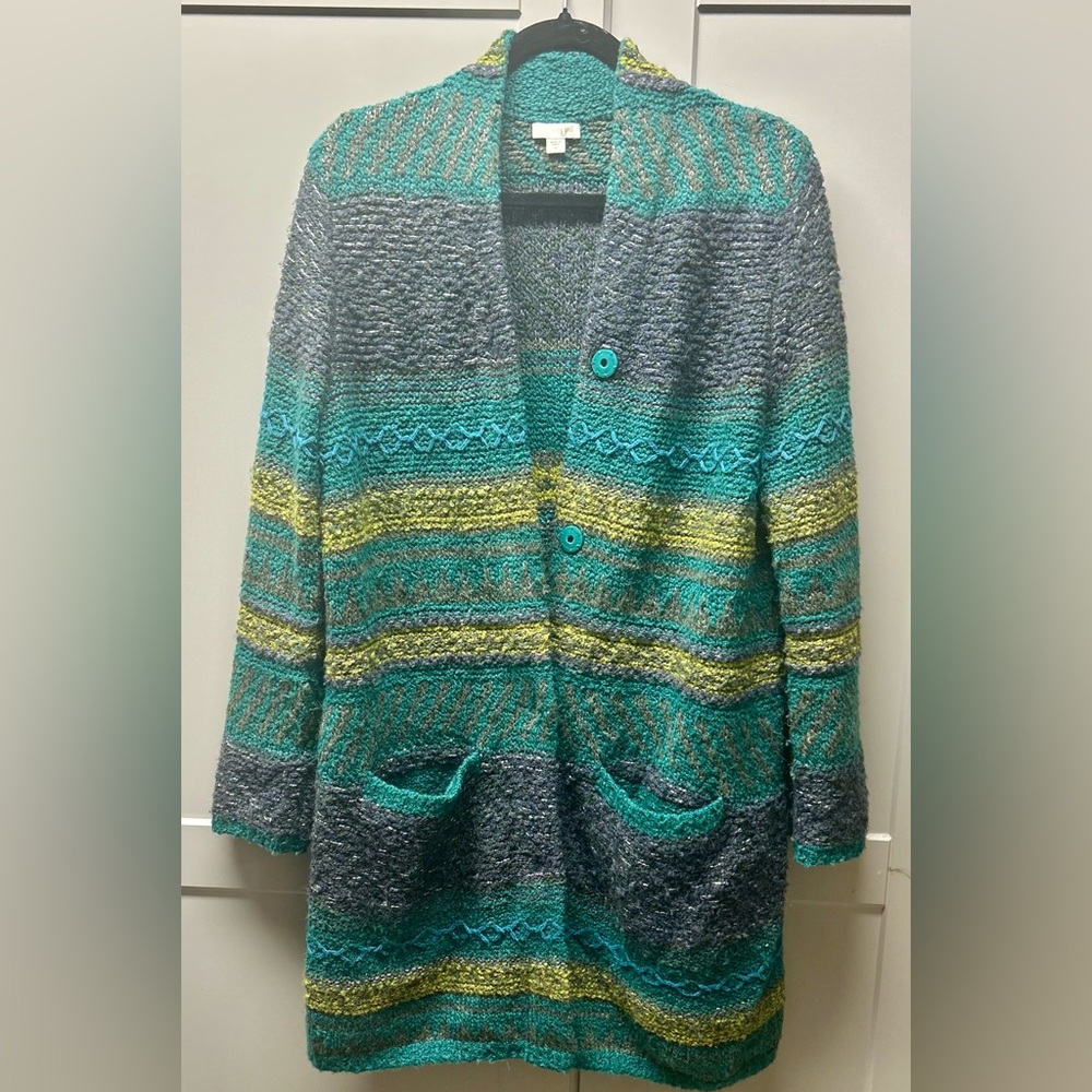 J. Jill Textured Stripe Duster Cardigan Medium M Cozy Longline Boho Knit